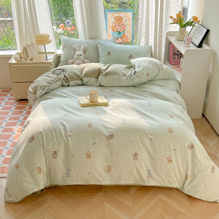 91家纺网 家纺一手货源 找家纺 瑞钰 2025新款云感双层纱暗合四件套 绿色小象