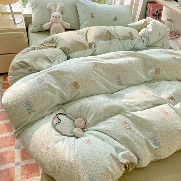 91家纺网 家纺一手货源 找家纺 瑞钰 2025新款云感双层纱暗合四件套 绿色小象