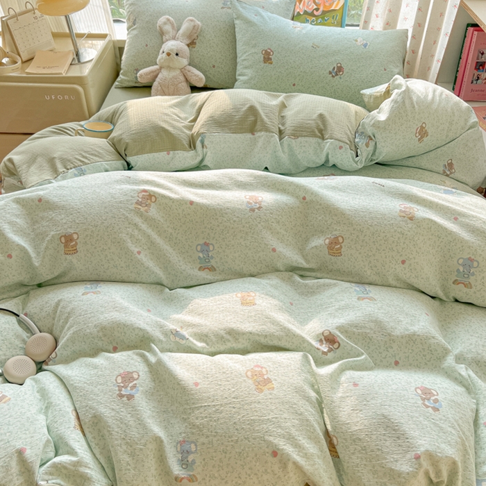 91家纺网 家纺一手货源 找家纺 瑞钰 2025新款云感双层纱暗合四件套 绿色小象