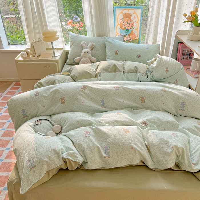 91家纺网 家纺一手货源 找家纺 瑞钰 2025新款云感双层纱暗合四件套 绿色小象