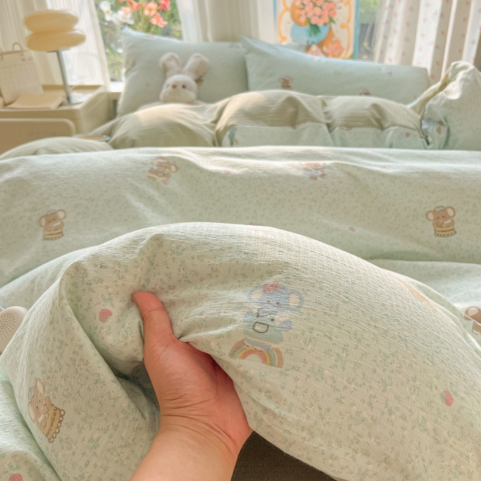 91家纺网 家纺一手货源 找家纺 瑞钰 2025新款云感双层纱暗合四件套 绿色小象