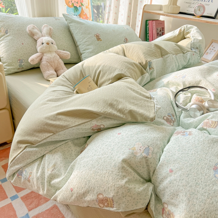 91家纺网 家纺一手货源 找家纺 瑞钰 2025新款云感双层纱暗合四件套 绿色小象