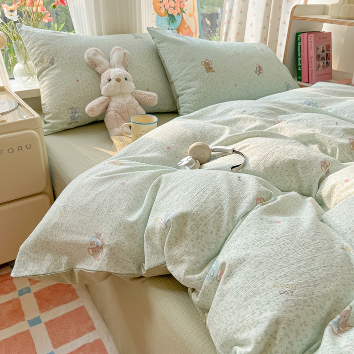 91家纺网 家纺一手货源 找家纺 瑞钰 2025新款云感双层纱暗合四件套 绿色小象