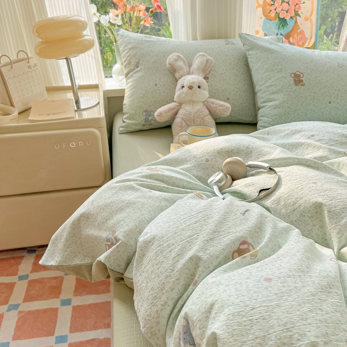 91家纺网 家纺一手货源 找家纺 瑞钰 2025新款云感双层纱暗合四件套 绿色小象