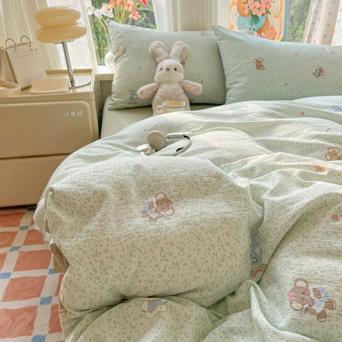 91家纺网 家纺一手货源 找家纺 瑞钰 2025新款云感双层纱暗合四件套 绿色小象