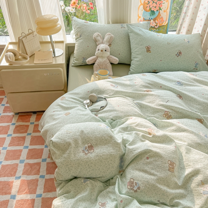 91家纺网 家纺一手货源 找家纺 瑞钰 2025新款云感双层纱暗合四件套 绿色小象