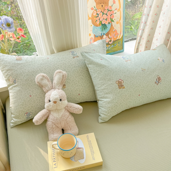 91家纺网 家纺一手货源 找家纺 瑞钰 2025新款云感双层纱暗合四件套 绿色小象