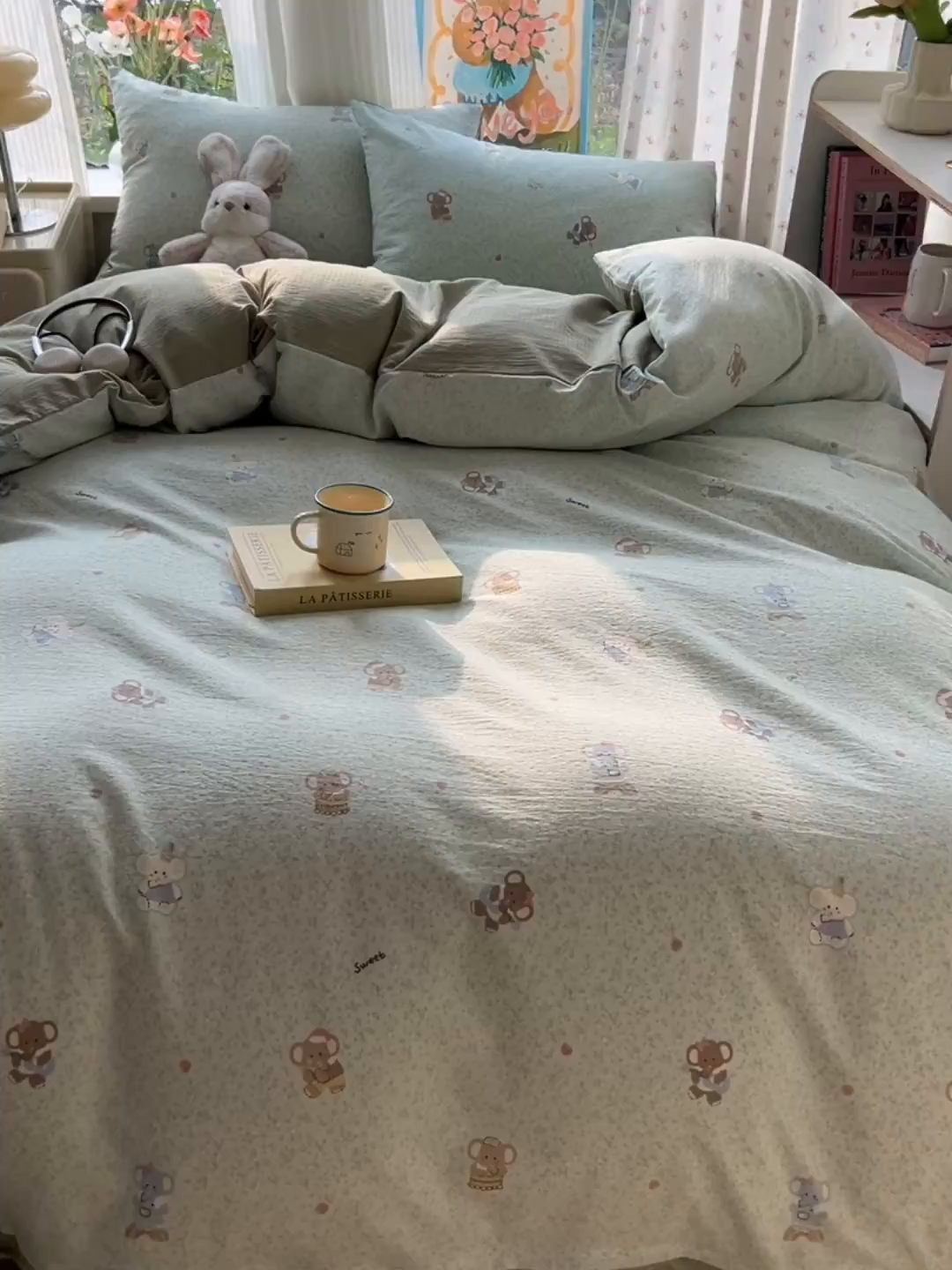 91家纺网 家纺一手货源 找家纺 瑞钰 2025新款云感双层纱暗合四件套 绿色小象