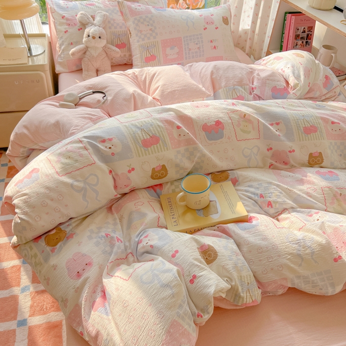 91家纺网 家纺一手货源 找家纺 瑞钰 2025新款云感双层纱暗合四件套 萌物家族