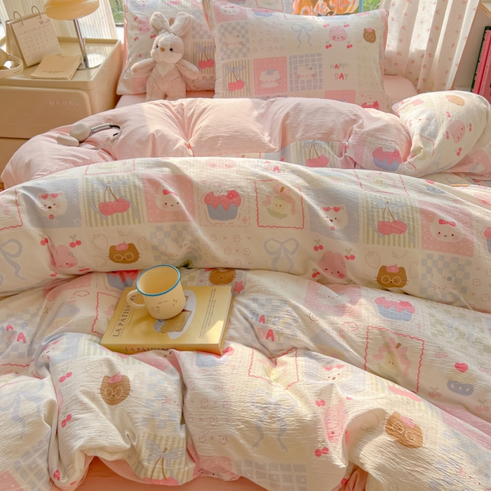 91家纺网 家纺一手货源 找家纺 瑞钰 2025新款云感双层纱暗合四件套 萌物家族