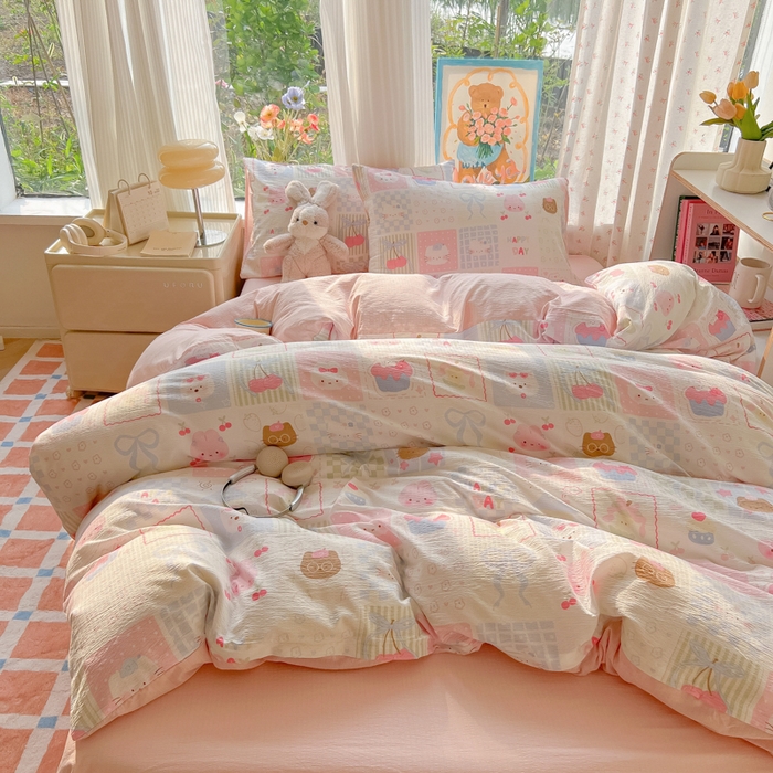 91家纺网 家纺一手货源 找家纺 瑞钰 2025新款云感双层纱暗合四件套 萌物家族