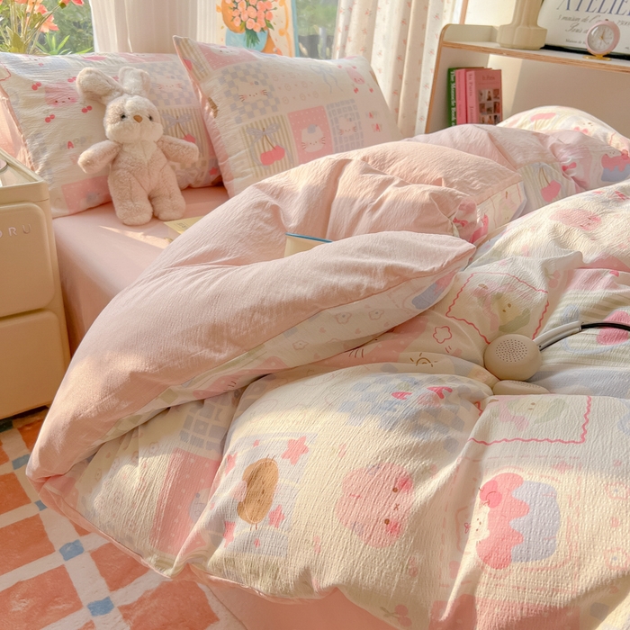 91家纺网 家纺一手货源 找家纺 瑞钰 2025新款云感双层纱暗合四件套 萌物家族