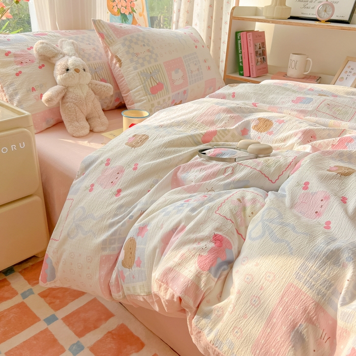 91家纺网 家纺一手货源 找家纺 瑞钰 2025新款云感双层纱暗合四件套 萌物家族