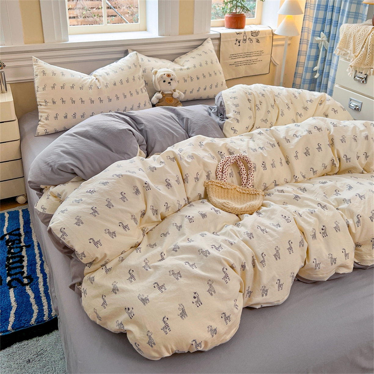 91家纺网 家纺一手货源 找家纺 瑞钰 2026新款A类古法水洗仿棉云感纱四件套斑马