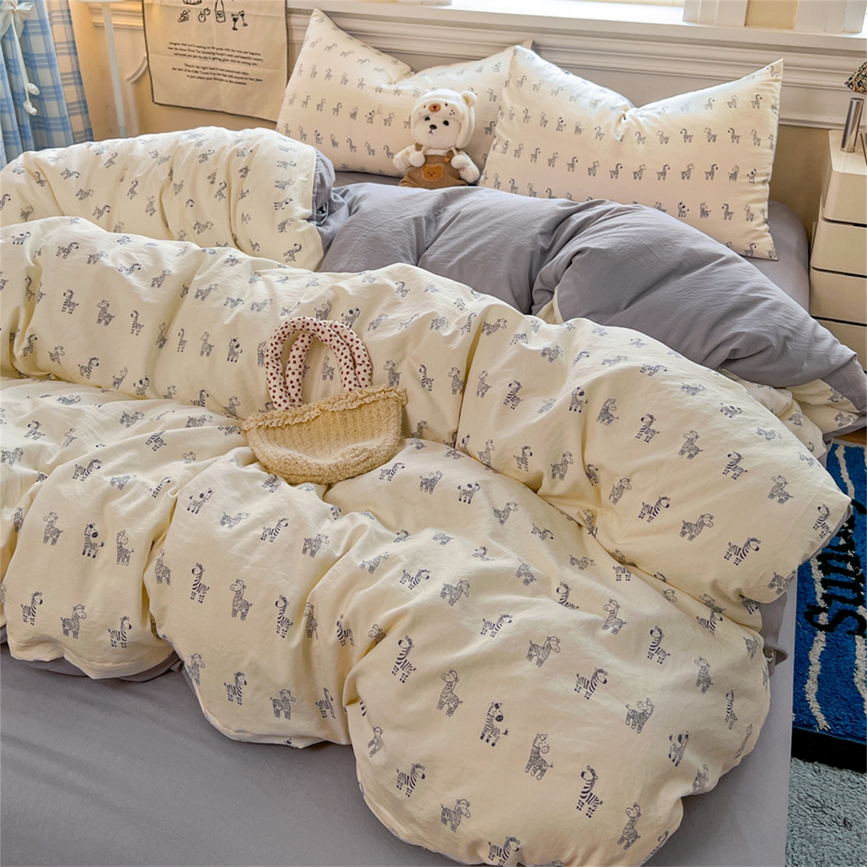 91家纺网 家纺一手货源 找家纺 瑞钰 2026新款A类古法水洗仿棉云感纱四件套斑马