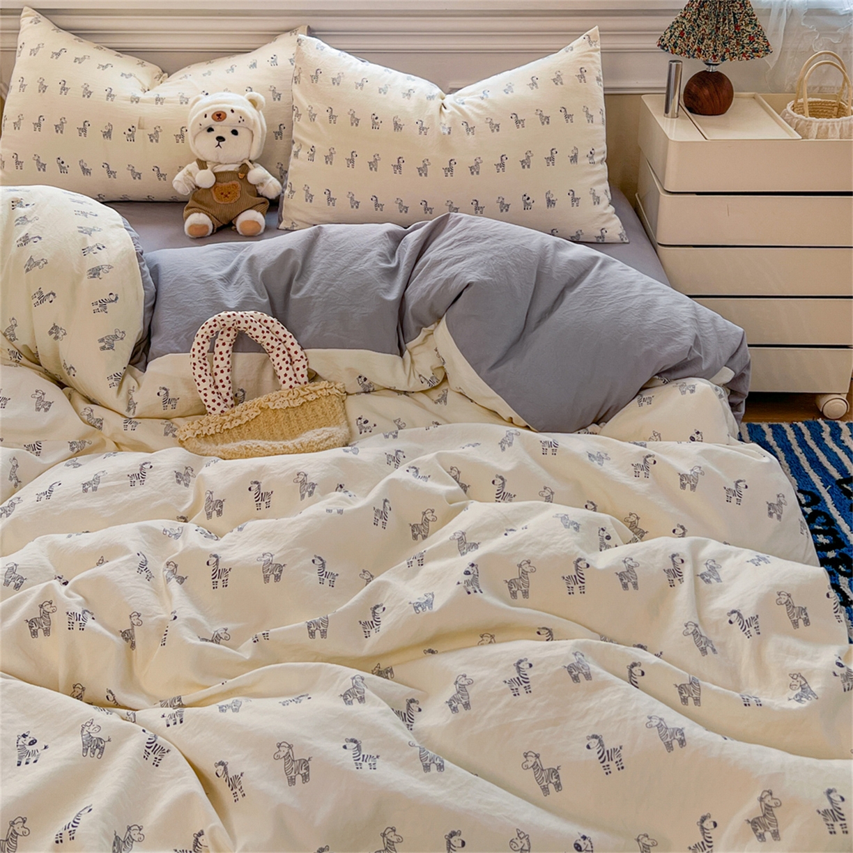 91家纺网 家纺一手货源 找家纺 瑞钰 2026新款A类古法水洗仿棉云感纱四件套斑马