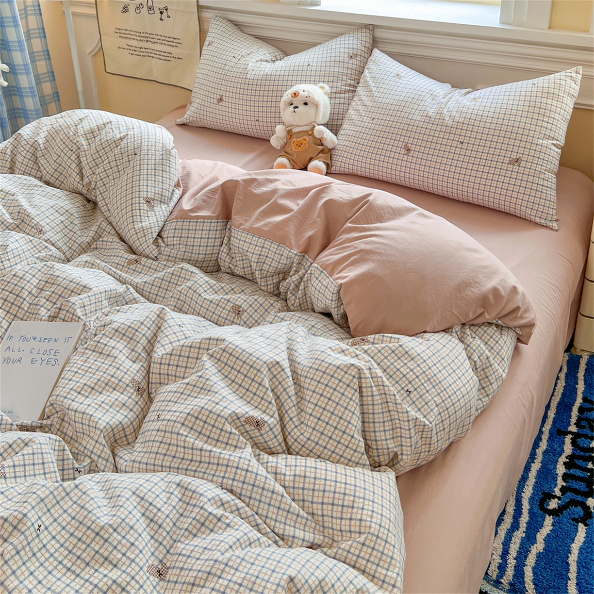 91家纺网 家纺一手货源 找家纺 瑞钰 2026新款A类古法水洗仿棉云感纱四件套焦糖棕格