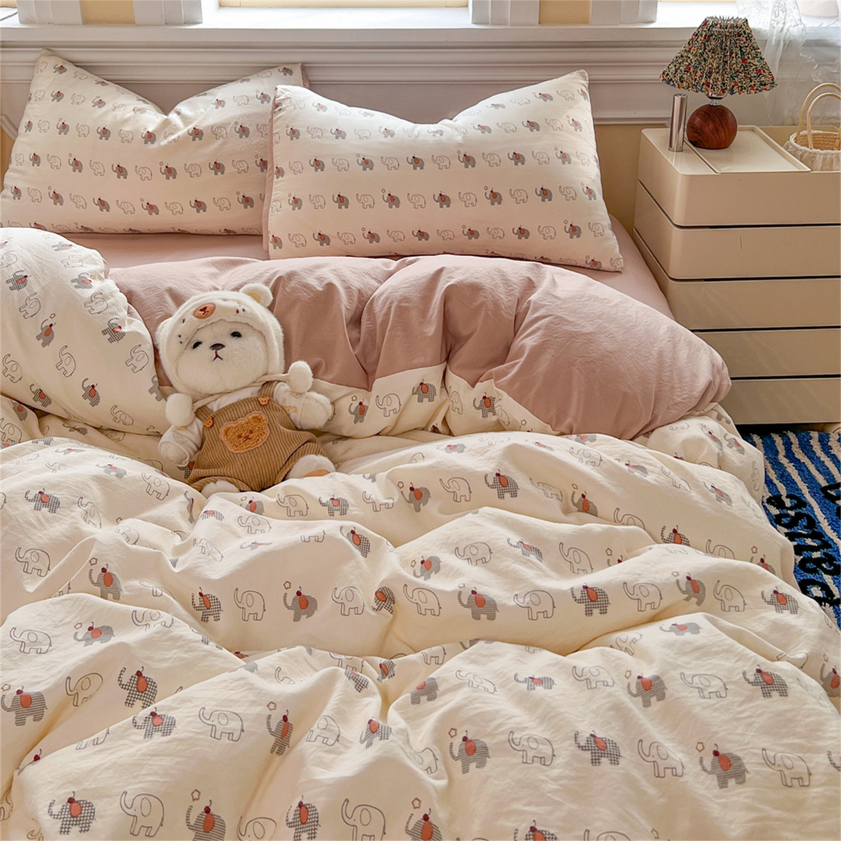 91家纺网 家纺一手货源 找家纺 瑞钰 2026新款A类古法水洗仿棉云感纱四件套小象格