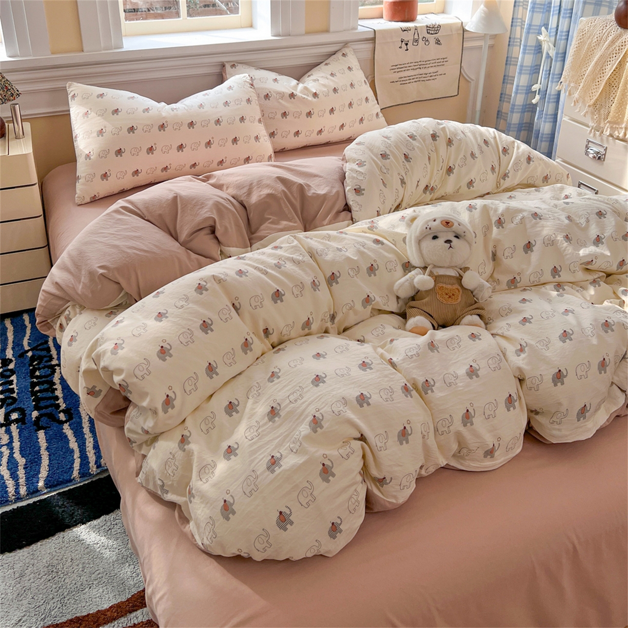 91家纺网 家纺一手货源 找家纺 瑞钰 2026新款A类古法水洗仿棉云感纱四件套小象格