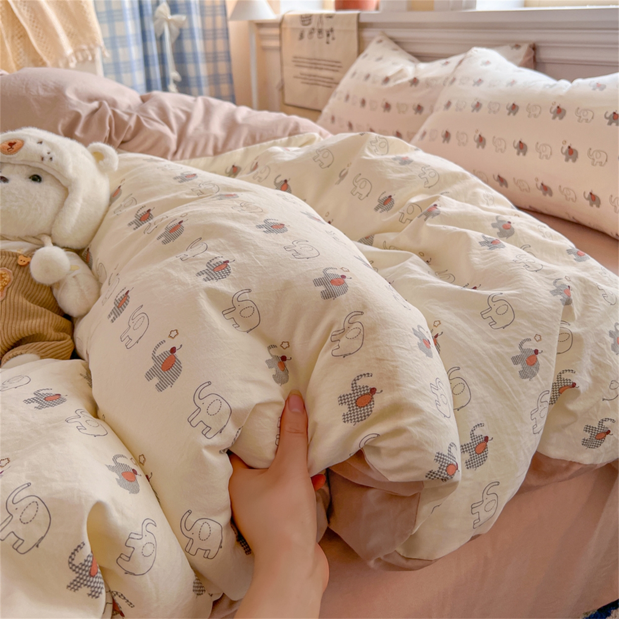 91家纺网 家纺一手货源 找家纺 瑞钰 2026新款A类古法水洗仿棉云感纱四件套小象格