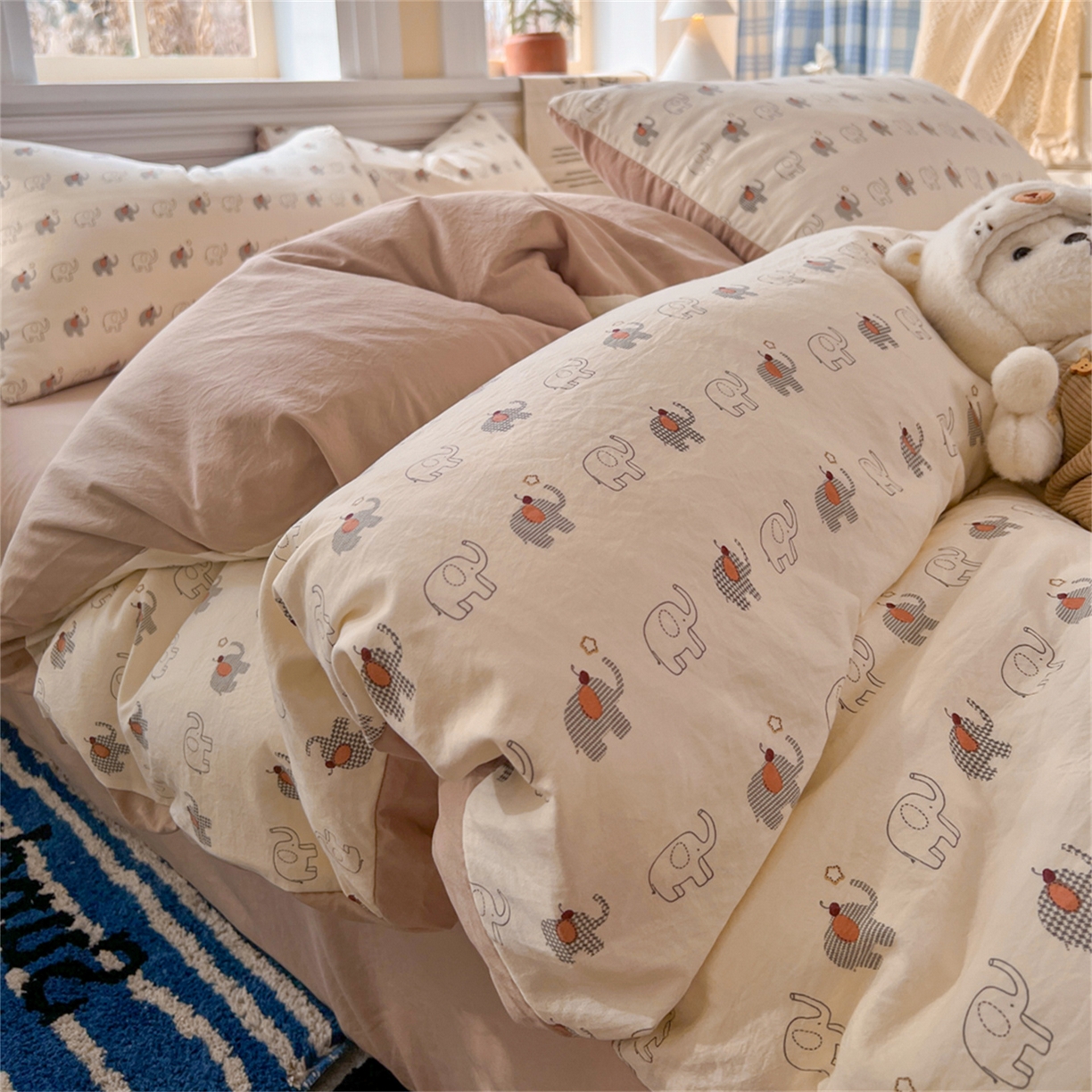 91家纺网 家纺一手货源 找家纺 瑞钰 2026新款A类古法水洗仿棉云感纱四件套小象格