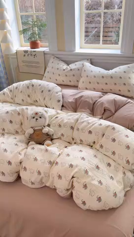 91家纺网 家纺一手货源 找家纺 瑞钰 2026新款A类古法水洗仿棉云感纱四件套小象格