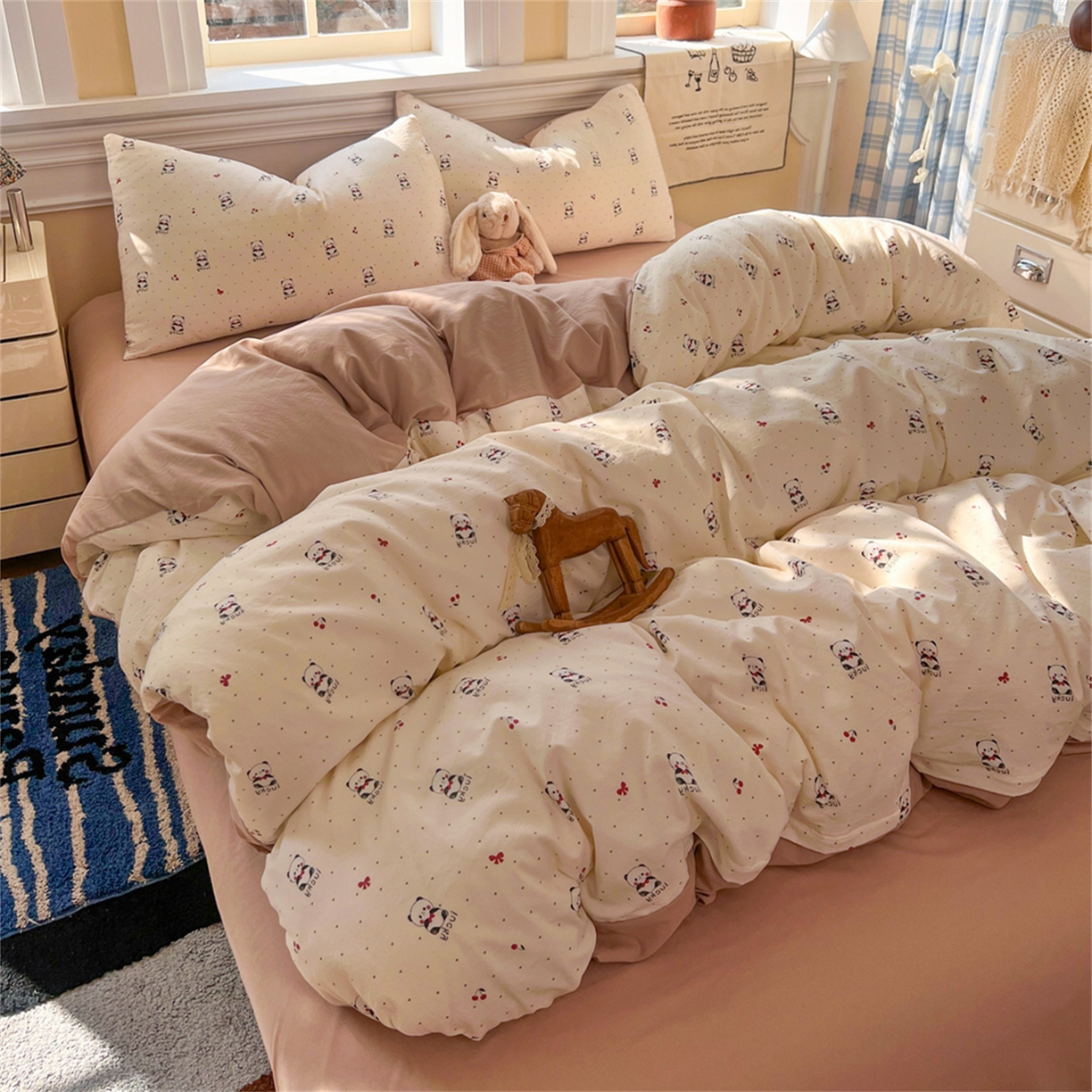 91家纺网 家纺一手货源 找家纺 瑞钰 2026新款A类古法水洗仿棉云感纱四件套幸运熊