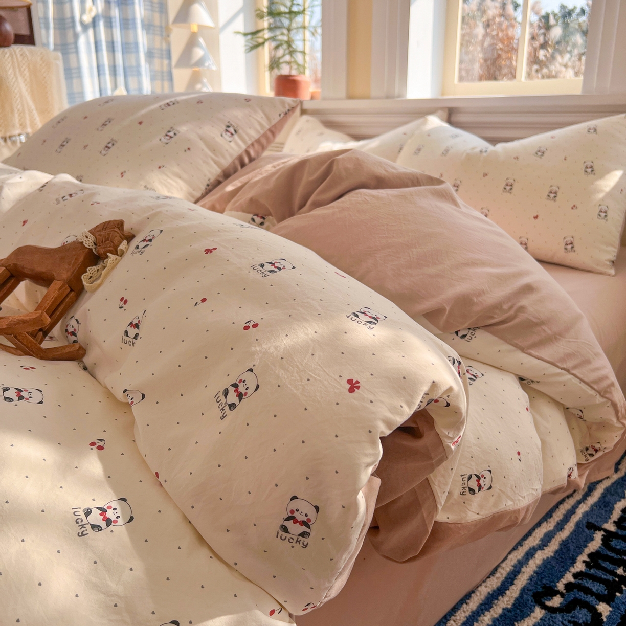 瑞钰 2026新款A类古法水洗仿棉云感纱四件套幸运熊