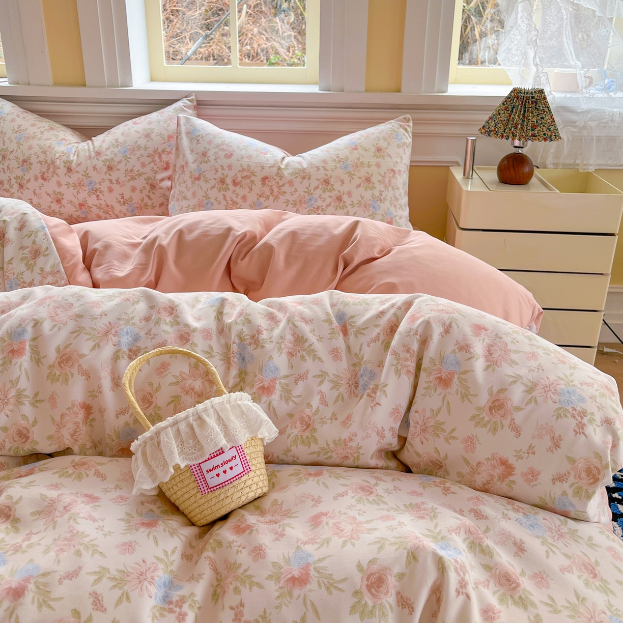 91家纺网 家纺一手货源 找家纺 瑞钰 2026新款A类古法水洗仿棉云感纱四件套嫣然