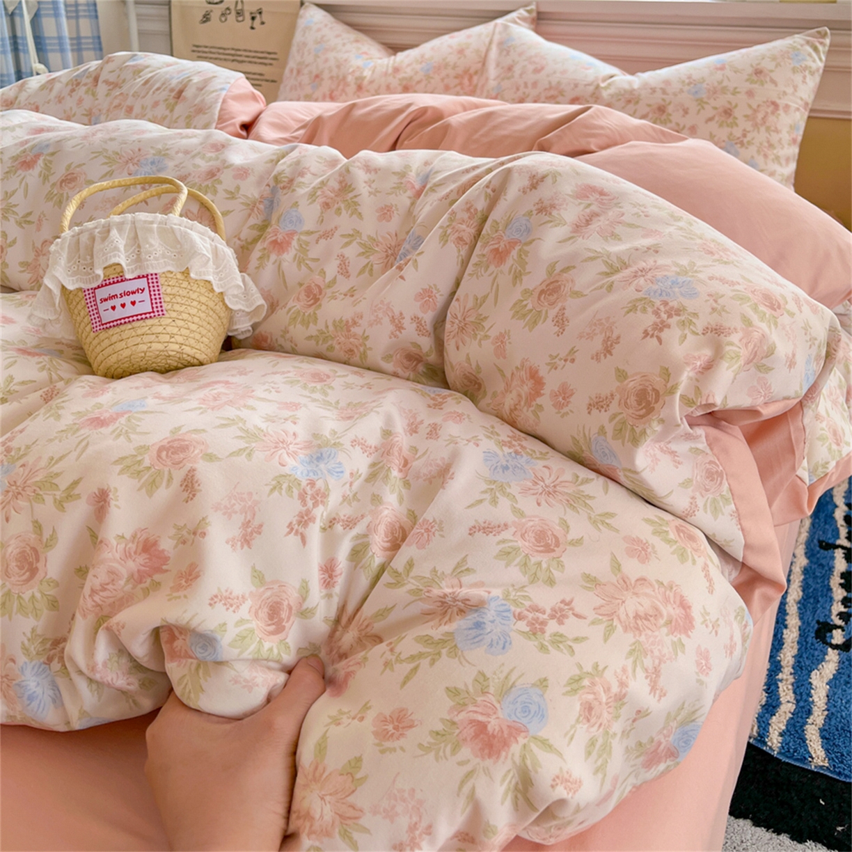 91家纺网 家纺一手货源 找家纺 瑞钰 2026新款A类古法水洗仿棉云感纱四件套嫣然