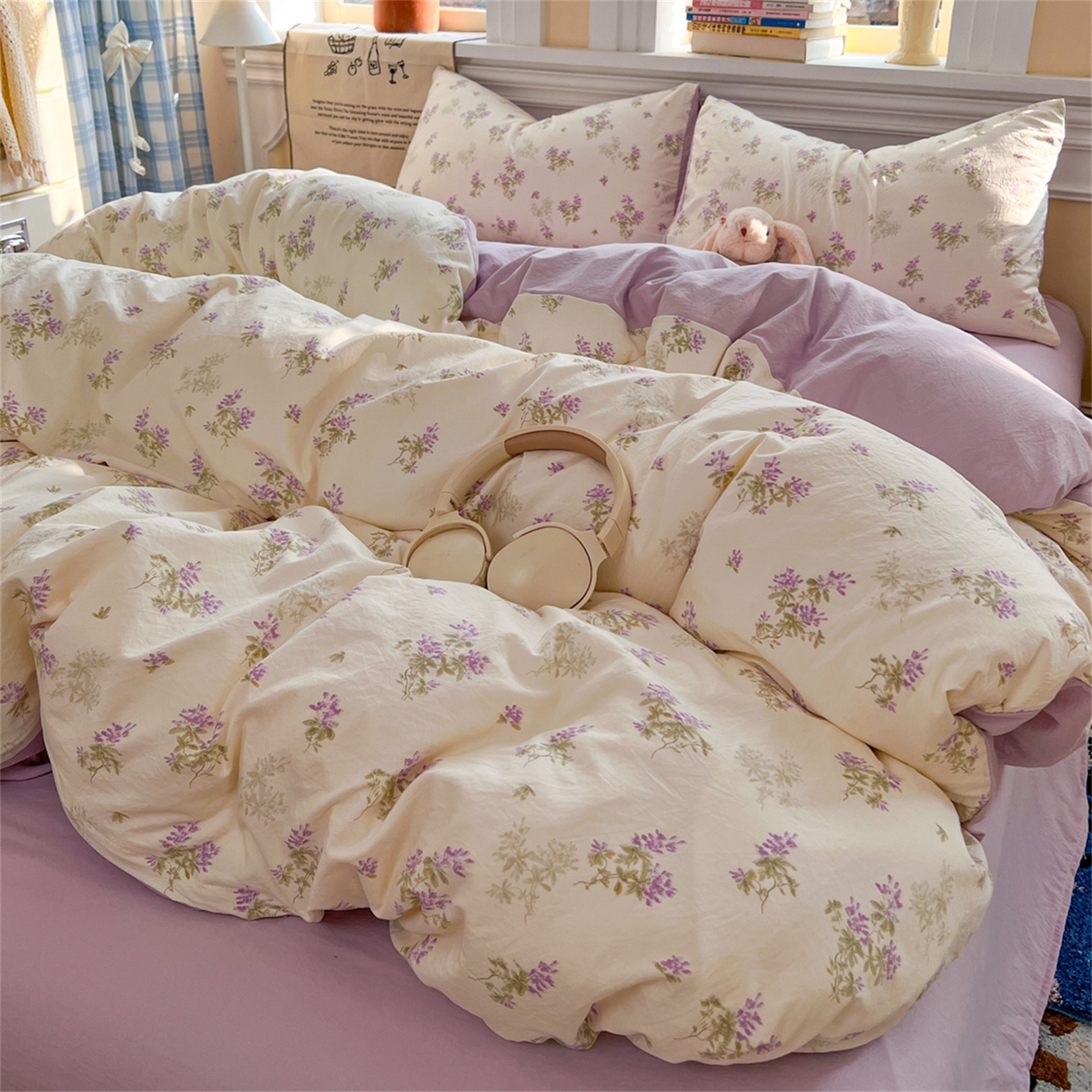 91家纺网 家纺一手货源 找家纺 瑞钰 2026新款A类古法水洗仿棉云感纱四件套紫烟