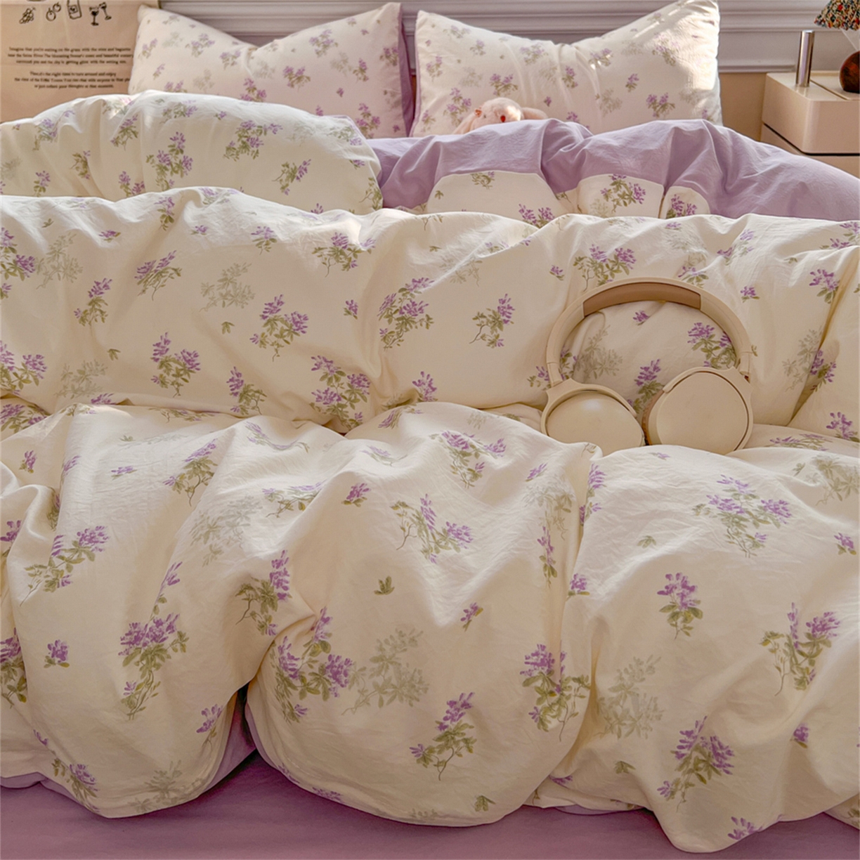 91家纺网 家纺一手货源 找家纺 瑞钰 2026新款A类古法水洗仿棉云感纱四件套紫烟