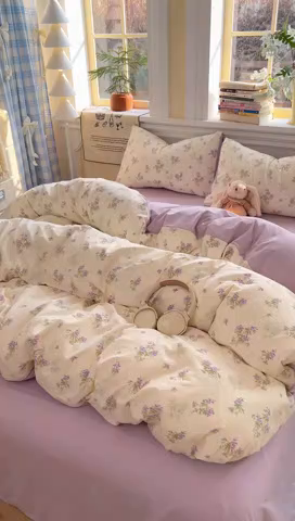 91家纺网 家纺一手货源 找家纺 瑞钰 2026新款A类古法水洗仿棉云感纱四件套紫烟