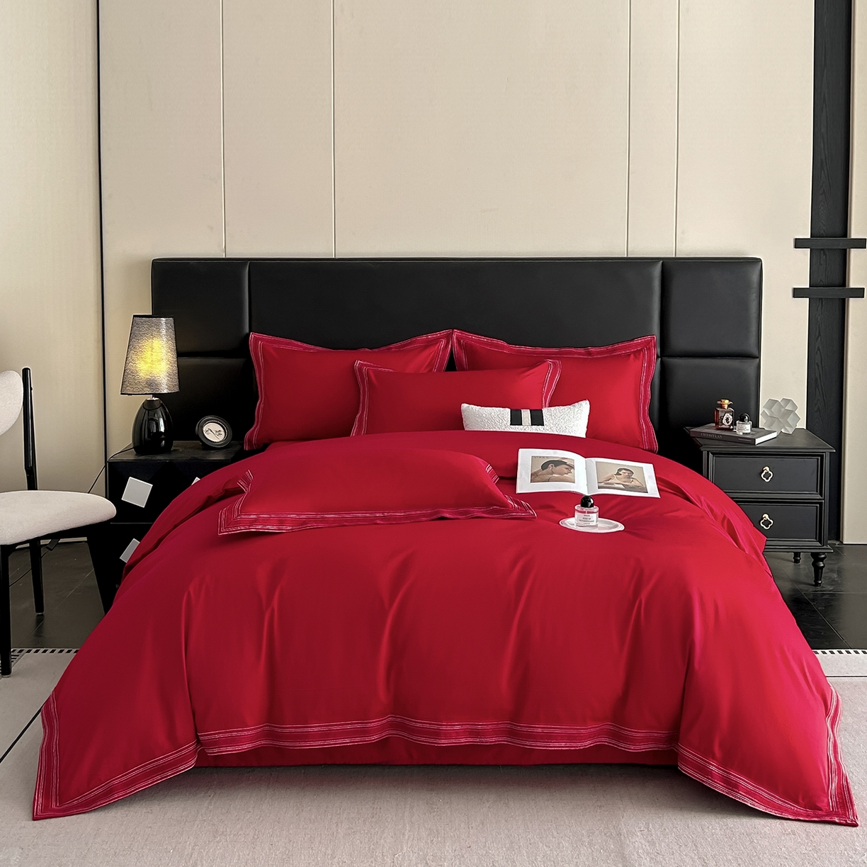 91家纺网 家纺一手货源 找家纺 置顶家纺 2025新款50双股支长绒棉纯棉宽边四件套-米西雅 米西雅-大红