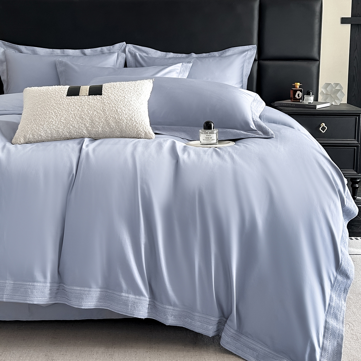 91家纺网 家纺一手货源 找家纺 置顶家纺 2025新款50双股支长绒棉纯棉宽边四件套-米西雅 米西雅-米灰色