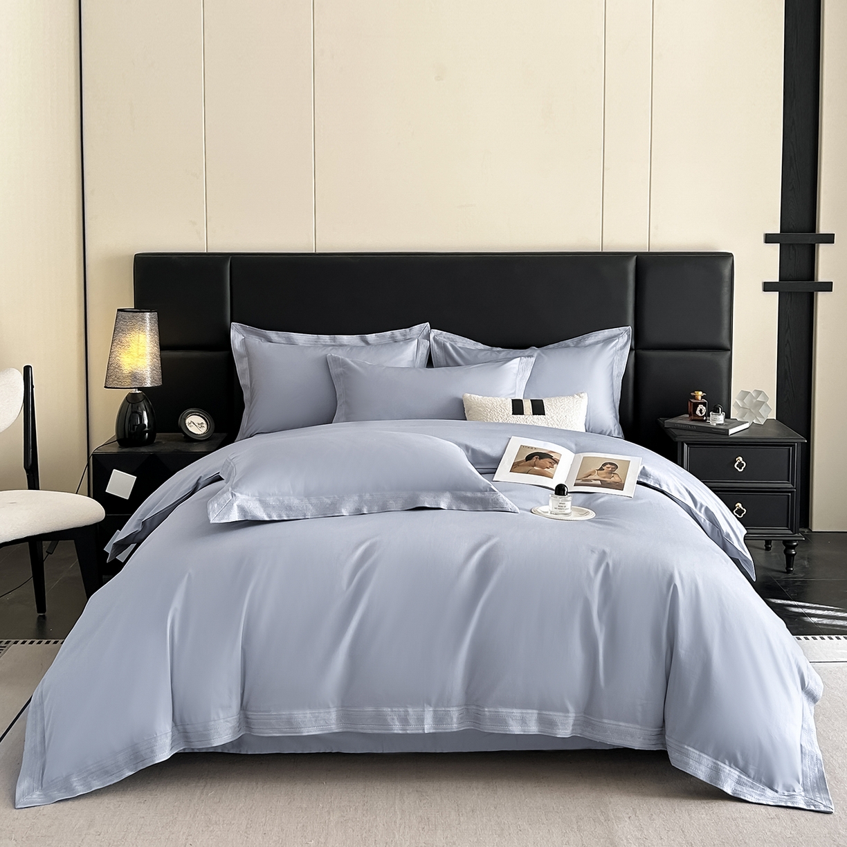 91家纺网 家纺一手货源 找家纺 置顶家纺 2025新款50双股支长绒棉纯棉宽边四件套-米西雅 米西雅-米灰色