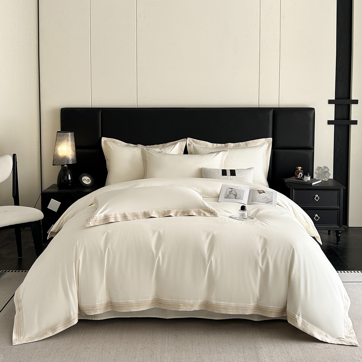 91家纺网 家纺一手货源 找家纺 置顶家纺 2025新款50双股支长绒棉纯棉宽边四件套-米西雅 米西雅-奶昔白