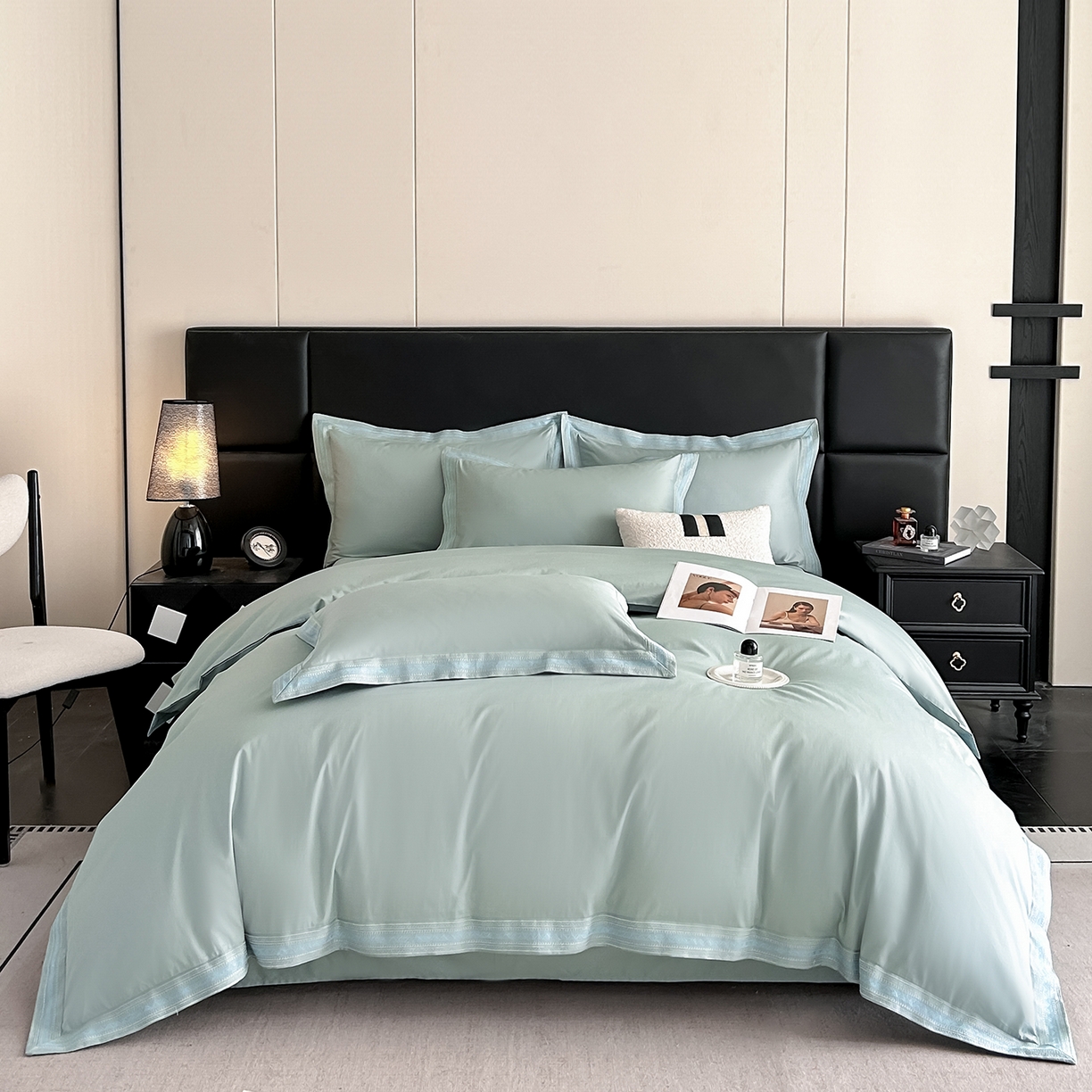 91家纺网 家纺一手货源 找家纺 置顶家纺 2025新款50双股支长绒棉纯棉宽边四件套-米西雅 米西雅-水蓝