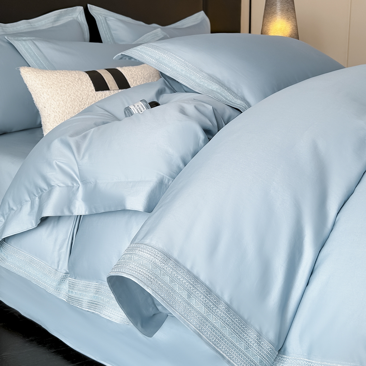 置顶家纺 2025新款50双股支长绒棉纯棉宽边四件套-米西雅 米西雅-天蓝