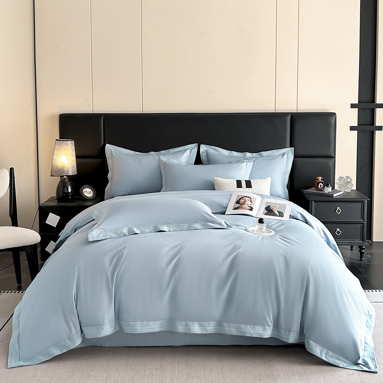 91家纺网 家纺一手货源 找家纺 置顶家纺 2025新款50双股支长绒棉纯棉宽边四件套-米西雅 米西雅-天蓝