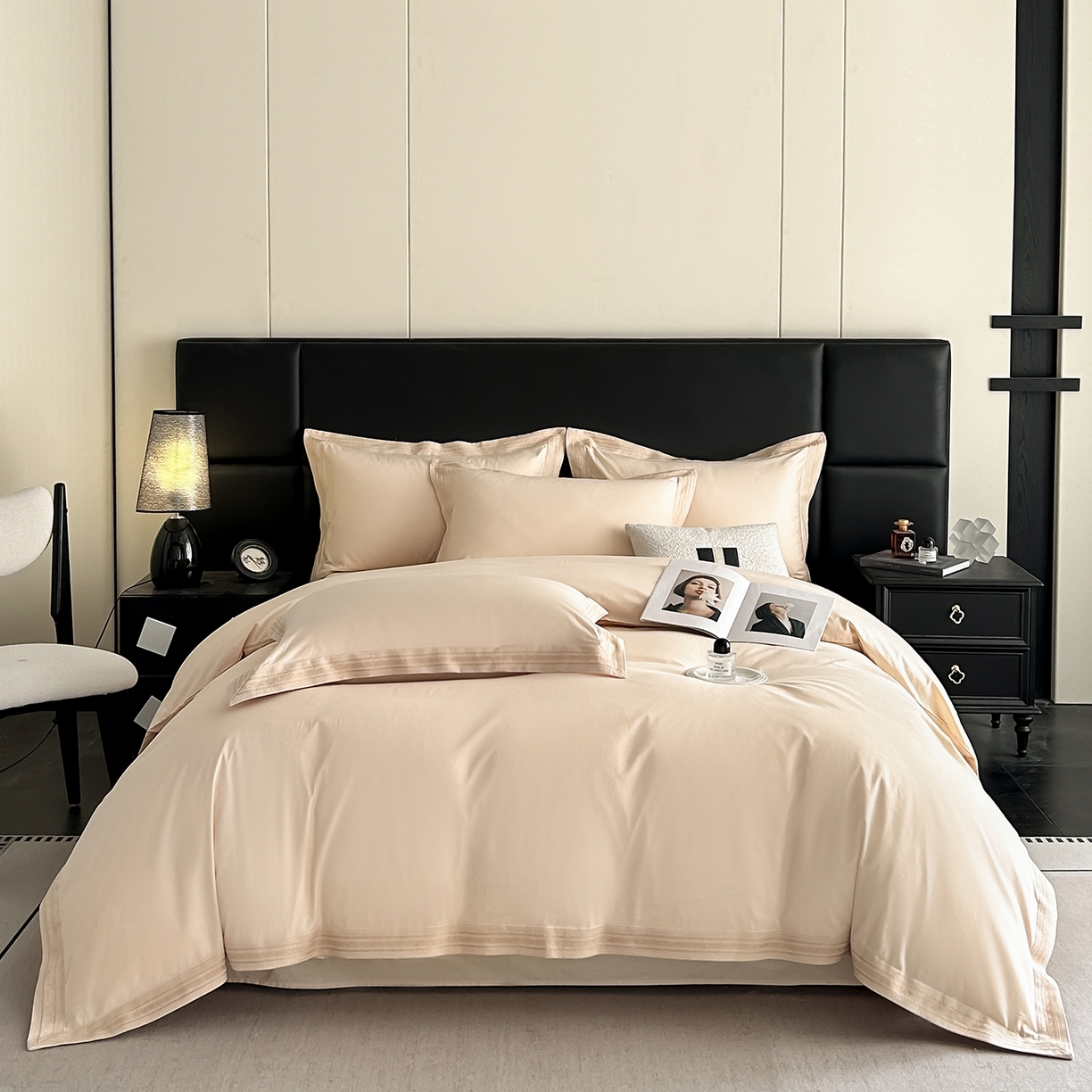 91家纺网 家纺一手货源 找家纺 置顶家纺 2025新款50双股支长绒棉纯棉宽边四件套-米西雅 米西雅-香槟