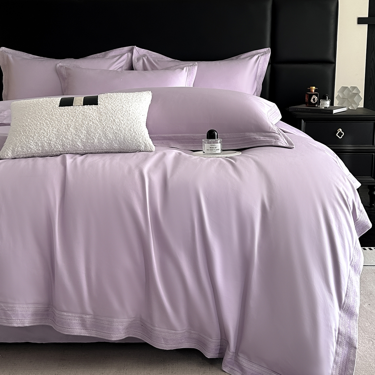 91家纺网 家纺一手货源 找家纺 置顶家纺 2025新款50双股支长绒棉纯棉宽边四件套-米西雅 米西雅-香芋紫