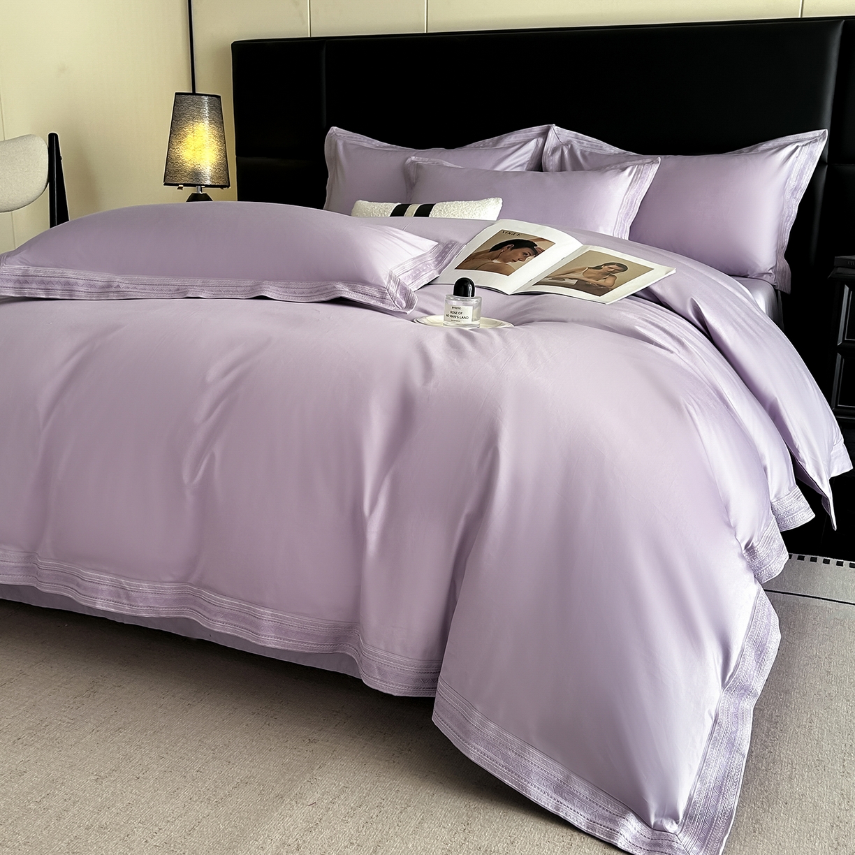 91家纺网 家纺一手货源 找家纺 置顶家纺 2025新款50双股支长绒棉纯棉宽边四件套-米西雅 米西雅-香芋紫