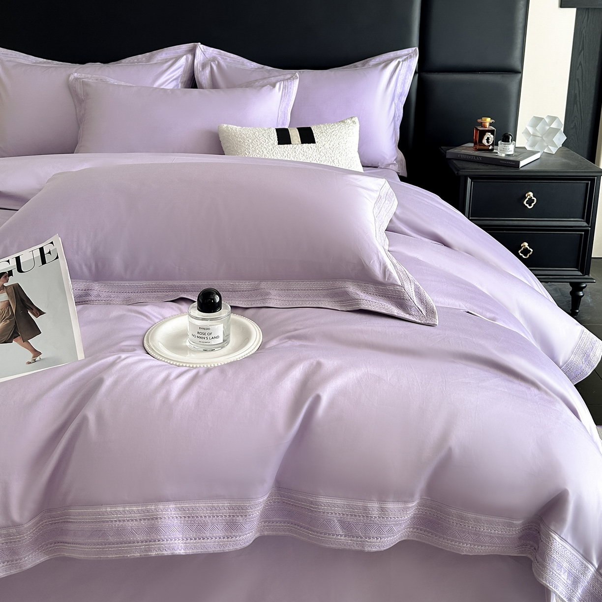 91家纺网 家纺一手货源 找家纺 置顶家纺 2025新款50双股支长绒棉纯棉宽边四件套-米西雅 米西雅-香芋紫