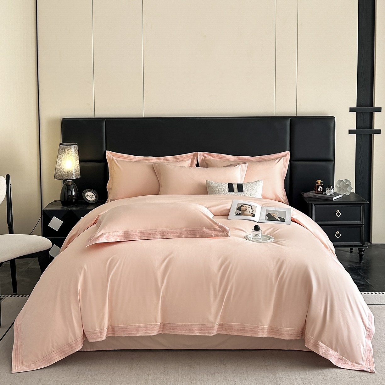 91家纺网 家纺一手货源 找家纺 置顶家纺 2025新款50双股支长绒棉纯棉宽边四件套-米西雅 米西雅-玉色