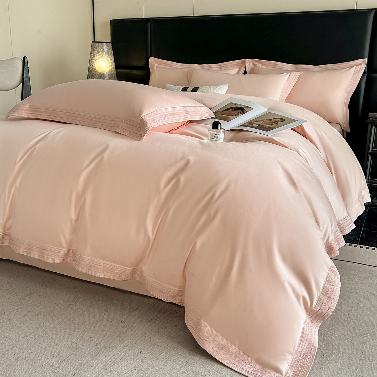 91家纺网 家纺一手货源 找家纺 置顶家纺 2025新款50双股支长绒棉纯棉宽边四件套-米西雅 米西雅-玉色