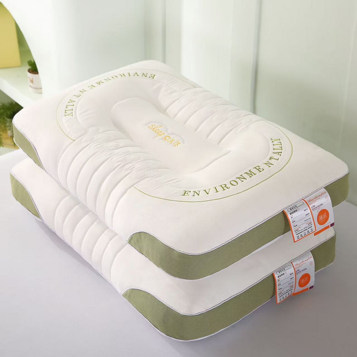 91家纺网 家纺一手货源 找家纺 云熙枕业 2026新款英文刺绣按摩枕  枕头枕芯 墨绿色