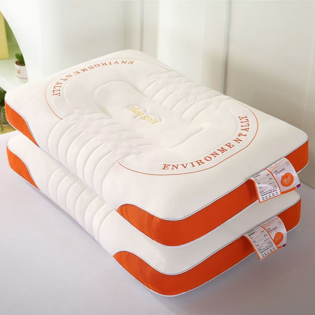 91家纺网 家纺一手货源 找家纺 云熙枕业 2026新款英文刺绣按摩枕  枕头枕芯 墨绿色