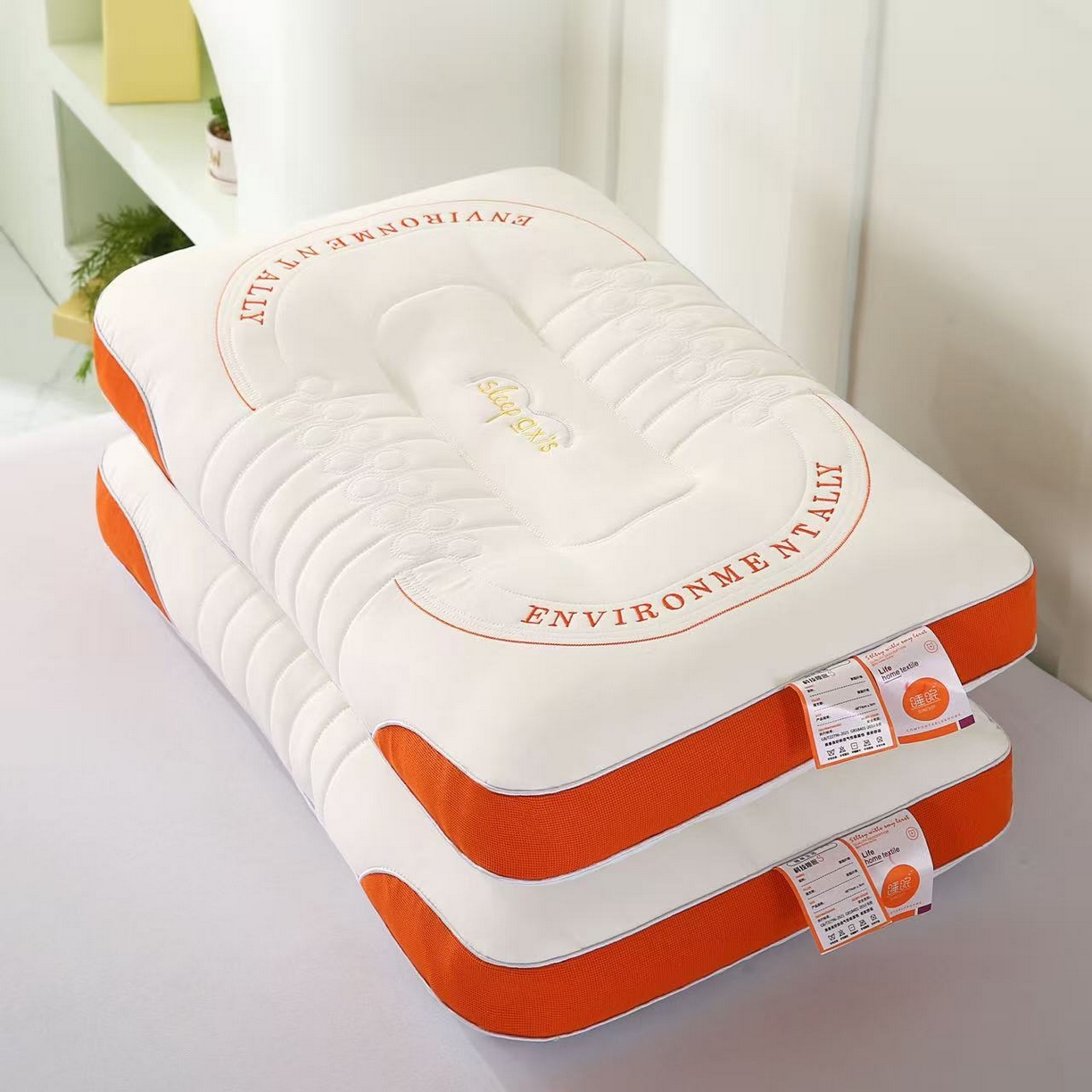 91家纺网 家纺一手货源 找家纺 云熙枕业 2026新款英文刺绣按摩枕  枕头枕芯 墨绿色