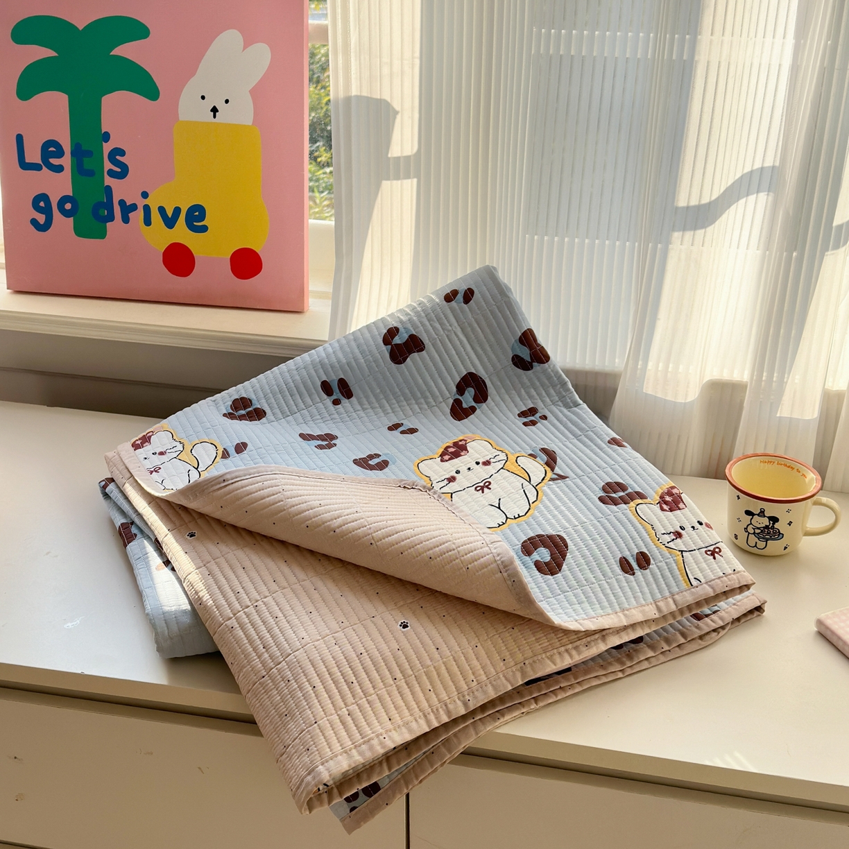 乐童家纺 2026新款双面纯棉小清新印花床盖款四件套 床盖款-豹纹奶喵 蓝